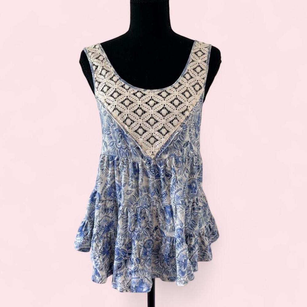 Free People Size Small blue and white floral babydoll tank top Boho fairycore